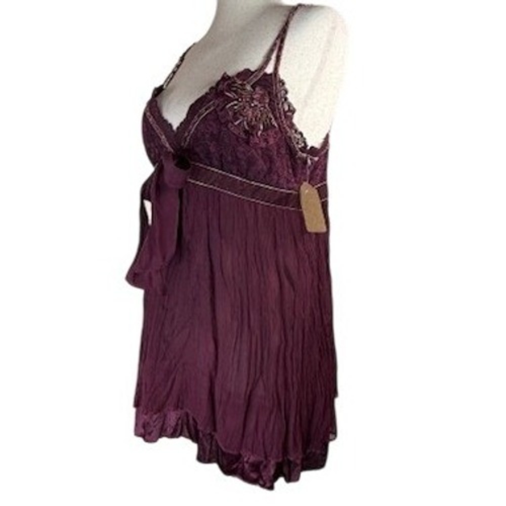 Bebe Y2K Vintage Silk Cranberry Lace Velvet Beaded Empire Waist Camisole Top M